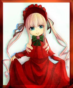 Rating: Safe Score: 0 Tags: 1girl blonde_hair blue_eyes bonnet border bow bowtie dress drill_hair flower green_bow green_neckwear image long_hair long_sleeves looking_at_viewer red_dress rose shinku simple_background solo twin_drills twintails very_long_hair User: admin