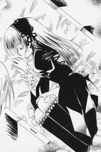 Rating: Safe Score: 0 Tags: 1girl closed_eyes dress frilled_sleeves frills greyscale hairband image long_hair long_sleeves monochrome sitting solo suigintou wings User: admin