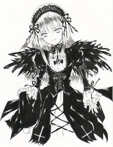 Rating: Safe Score: 0 Tags: 1girl closed_mouth dress frills greyscale hairband image long_hair long_sleeves looking_at_viewer monochrome ribbon solo suigintou traditional_media wings User: admin