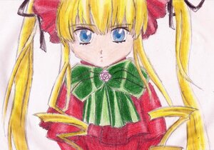 Rating: Safe Score: 0 Tags: 1girl bangs blonde_hair blue_eyes bow bowtie closed_mouth expressionless flower green_bow image long_hair long_sleeves looking_at_viewer marker_(medium) pink_flower pink_rose rose shinku sidelocks simple_background solo traditional_media twintails upper_body white_background User: admin