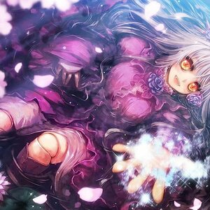 Rating: Safe Score: 0 Tags: 1girl barasuishou dress flower image long_hair open_mouth petals purple_flower purple_rose rose silver_hair smile solo traditional_media yellow_eyes User: admin