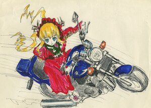 Rating: Safe Score: 0 Tags: 1girl blonde_hair blue_eyes bonnet dress drill_hair frills ground_vehicle image long_hair long_sleeves looking_at_viewer motor_vehicle motorcycle red_dress rose shinku solo traditional_media twintails User: admin