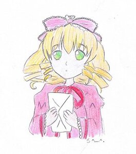 Rating: Safe Score: 0 Tags: 1girl blonde_hair bow dress drill_hair green_eyes hina_ichigo hinaichigo image long_sleeves pink_bow ribbon simple_background solo striped traditional_media upper_body white_background User: admin