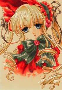 Rating: Safe Score: 0 Tags: 1girl bangs blonde_hair blue_eyes bonnet bow bowtie dress drill_hair flower green_bow image long_hair long_sleeves looking_at_viewer marker_(medium) rose shinku simple_background solo traditional_media twin_drills twintails upper_body User: admin