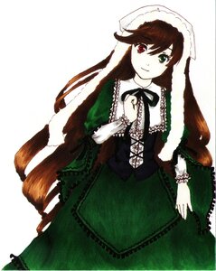 Rating: Safe Score: 0 Tags: 1girl bangs black_ribbon brown_hair dress frills green_dress green_eyes heterochromia image long_hair long_sleeves looking_at_viewer red_eyes ribbon simple_background smile solo suiseiseki very_long_hair white_background User: admin