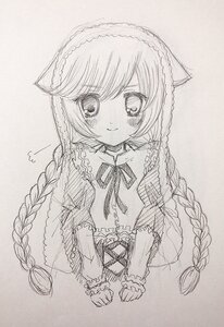 Rating: Safe Score: 0 Tags: 1girl animal_ears bangs blush braid closed_mouth dress eyebrows_visible_through_hair graphite_(medium) greyscale image long_hair long_sleeves looking_at_viewer monochrome ribbon smile solo suiseiseki traditional_media twin_braids User: admin