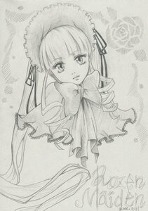 Rating: Safe Score: 0 Tags: 1girl bonnet bow bowtie dress drill_hair frills greyscale image long_hair long_sleeves looking_at_viewer monochrome rose shinku solo traditional_media upper_body very_long_hair User: admin