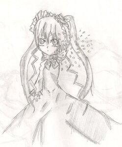 Rating: Safe Score: 0 Tags: 1girl dress image long_hair long_sleeves looking_at_viewer monochrome shinku solo traditional_media twintails very_long_hair User: admin