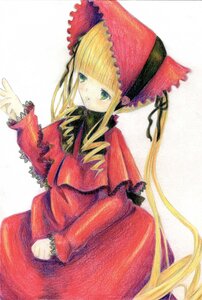 Rating: Safe Score: 0 Tags: 1girl blonde_hair blush bonnet bow bowtie dress frills green_eyes image long_hair long_sleeves looking_at_viewer marker_(medium) red_dress shinku simple_background solo traditional_media very_long_hair white_background User: admin