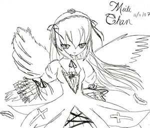Rating: Safe Score: 0 Tags: 1girl dress feathered_wings feathers greyscale hairband image lolita_hairband long_hair long_sleeves looking_at_viewer monochrome ribbon simple_background smile solo suigintou very_long_hair white_background wings User: admin