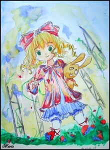 Rating: Safe Score: 0 Tags: 1girl blonde_hair bow colored_pencil_(medium) dress flower frills grass green_eyes hair_bow hinaichigo image letterboxed looking_at_viewer marker_(medium) ribbon shikishi short_hair signature smile solo traditional_media watercolor_(medium) User: admin