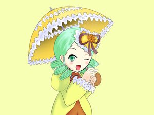 Rating: Safe Score: 0 Tags: 1girl drill_hair green_eyes green_hair holding holding_umbrella image kanaria long_sleeves one_eye_closed open_mouth parasol simple_background smile solo twin_drills umbrella yellow_background User: admin