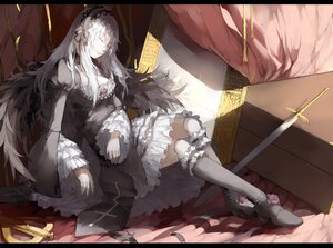 Rating: Safe Score: 0 Tags: 1girl boots breasts closed_eyes commentary_request cross doll_joints dress flower frills hairband highres image joints knee_boots letterboxed long_hair nine_(liuyuhao1992) photoshop_(medium) rose rozen_maiden silver_hair sitting sleeping solo suigintou sword very_long_hair weapon wide_sleeves wings User: admin