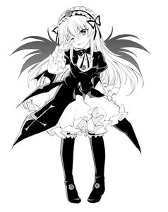 Rating: Safe Score: 3 Tags: 1girl boots dress frills full_body greyscale hairband image lolita_hairband long_hair long_sleeves looking_at_viewer monochrome one_eye_closed smile solo suigintou wings User: admin