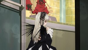 Rating: Safe Score: 0 Tags: 1girl dress frills hairband image long_hair long_sleeves looking_back pair ribbon rose shinku silver_hair suigintou window wings User: admin