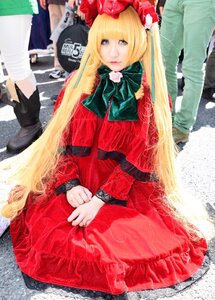 Rating: Safe Score: 0 Tags: 1girl blonde_hair bonnet bow doll_joints dress flower jewelry lips long_hair long_sleeves looking_at_viewer photo red_dress ring rose shinku sitting solo very_long_hair User: admin
