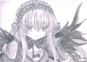 Rating: Safe Score: 0 Tags: 1girl black_wings dress frown hairband image long_hair looking_at_viewer monochrome ribbon solo suigintou traditional_media upper_body wings User: admin