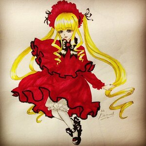 Rating: Safe Score: 0 Tags: 1girl blonde_hair bloomers blush bonnet bow bowtie dress frills full_body image long_hair long_sleeves looking_at_viewer photo red_dress shinku shoes solo traditional_media twintails underwear very_long_hair User: admin