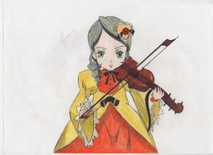 Rating: Safe Score: 0 Tags: 1girl bow bow_(instrument) dress drill_hair frills green_eyes green_hair hair_ornament holding_instrument image instrument kanaria long_sleeves music playing_instrument rose solo traditional_media violin User: admin