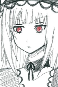 Rating: Safe Score: 0 Tags: 1girl bangs bare_shoulders blunt_bangs close-up face hair_ornament image long_hair looking_at_viewer monochrome parted_lips red_eyes ribbon simple_background solo spot_color suigintou white_background User: admin