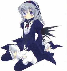 Rating: Safe Score: 0 Tags: 1girl black_legwear black_wings blush dress frills hairband image long_hair long_sleeves looking_at_viewer ribbon silver_hair simple_background solo striped suigintou thighhighs white_background wings User: admin