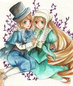 Rating: Safe Score: 0 Tags: 2girls blonde_hair blue_dress bow brown_hair dress frills green_eyes hat holding_hands image long_hair long_sleeves multiple_girls pair red_eyes short_hair siblings sisters smile souseiseki suiseiseki top_hat traditional_media twins very_long_hair watercolor_(medium) User: admin