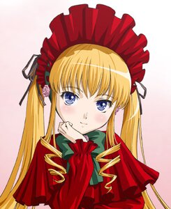 Rating: Safe Score: 0 Tags: 1girl bangs blonde_hair blue_eyes blush bonnet bow dress drill_hair flower green_bow green_neckwear image long_hair long_sleeves looking_at_viewer pink_background red_dress rose shinku simple_background smile solo twin_drills twintails upper_body User: admin