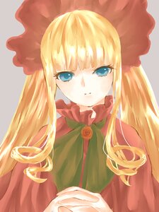 Rating: Safe Score: 0 Tags: 1girl bangs blonde_hair blue_eyes blunt_bangs bow bowtie closed_mouth dress drill_hair flower green_bow grey_background image long_hair long_sleeves looking_at_viewer red_dress rose shinku simple_background solo twintails upper_body User: admin