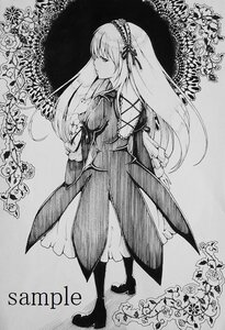 Rating: Safe Score: 0 Tags: 1girl boots dress flower full_body greyscale hairband image long_hair long_sleeves monochrome rose solo standing suigintou traditional_media User: admin