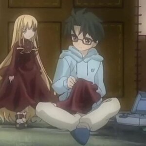 Rating: Safe Score: 0 Tags: 1boy 1girl bangs black_hair blonde_hair blurry glasses hood image indoors long_hair long_sleeves shinku sitting solo User: admin