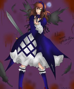 Rating: Safe Score: 0 Tags: 1girl bird black_feathers black_wings brown_hair dress feathers frills full_body green_eyes hairband image long_hair long_sleeves purple_background solo suigintou wings User: admin