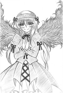 Rating: Safe Score: 0 Tags: 1girl dress feathered_wings frills greyscale hairband image long_hair long_sleeves looking_at_viewer monochrome ribbon simple_background smile solo suigintou traditional_media very_long_hair white_background wings User: admin