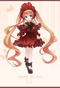 Rating: Safe Score: 0 Tags: 1girl blonde_hair blue_eyes bonnet bow bowtie cup dress full_body image long_hair long_sleeves pantyhose shinku shoes solo standing striped striped_background twintails very_long_hair white_legwear User: admin