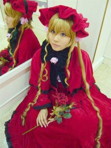 Rating: Safe Score: 0 Tags: 1girl blonde_hair blue_eyes bow dress flower long_sleeves looking_at_viewer red_dress shinku solo standing User: admin