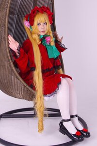 Rating: Safe Score: 0 Tags: 1girl blonde_hair blue_eyes bonnet bow dress flower frills full_body long_hair mary_janes pantyhose photo red_dress shinku shoes sitting solo striped twintails white_legwear User: admin