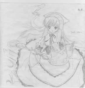 Rating: Safe Score: 0 Tags: 1girl dress frills full_body greyscale image long_hair long_sleeves looking_at_viewer monochrome open_mouth simple_background sketch smile solo suiseiseki traditional_media very_long_hair white_background User: admin