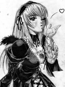 Rating: Safe Score: 0 Tags: 1girl dress flower frills greyscale hairband heart image lolita_fashion long_hair long_sleeves looking_at_viewer monochrome one_eye_closed rose solo suigintou traditional_media User: admin