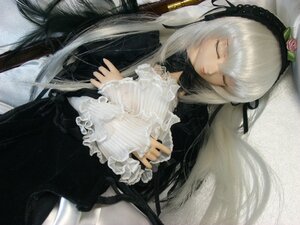 Rating: Safe Score: 0 Tags: 1girl black_ribbon closed_eyes doll dress flower frills gothic_lolita hairband lolita_fashion long_hair long_sleeves ribbon rose silver_hair solo suigintou very_long_hair User: admin