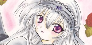 Rating: Safe Score: 0 Tags: 1girl bangs blush close-up eyebrows_visible_through_hair flower hairband image long_hair looking_at_viewer parted_lips purple_eyes ribbon rose silver_hair solo suigintou User: admin