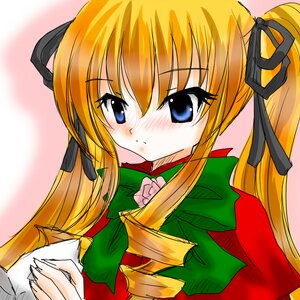 Rating: Safe Score: 0 Tags: 1girl black_ribbon blonde_hair blue_eyes blush dress hair_ribbon holding image long_hair long_sleeves looking_at_viewer ribbon shinku solo twintails upper_body User: admin