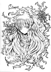 Rating: Safe Score: 0 Tags: 1girl flower greyscale hair_flower hair_ornament heart image kirakishou long_hair monochrome petals rose smile solo vines User: admin