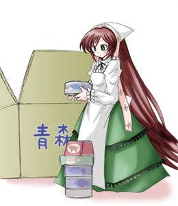 Rating: Safe Score: 0 Tags: 1girl apron box brown_hair dress frills full_body green_dress green_eyes head_scarf image long_hair long_sleeves puffy_sleeves simple_background solo suiseiseki very_long_hair white_background User: admin