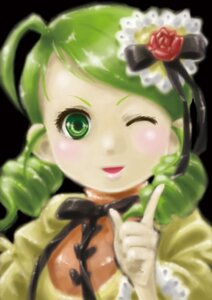 Rating: Safe Score: 0 Tags: 1girl black_background blurry depth_of_field drill_hair flower green_eyes green_hair hair_ornament image kanaria one_eye_closed rose simple_background smile solo User: admin