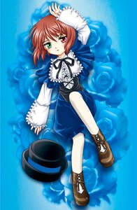 Rating: Safe Score: 0 Tags: 1girl brown_hair dress flower frills green_eyes hat heterochromia image long_sleeves lying red_eyes rose short_hair solo souseiseki User: admin