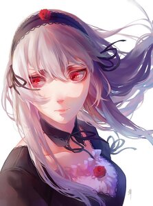 Rating: Safe Score: 0 Tags: 1girl black_ribbon choker closed_mouth dress flower hairband image long_hair looking_at_viewer red_eyes red_flower red_rose ribbon rose signature silver_hair solo suigintou upper_body white_background User: admin