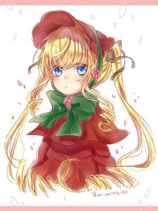 Rating: Safe Score: 0 Tags: 1girl bangs blonde_hair blue_eyes bonnet bow bowtie dress drill_hair flower green_bow image long_hair looking_at_viewer petals pink_flower red_capelet ringlets rose shinku solo striped striped_background twintails upper_body vertical_stripes User: admin