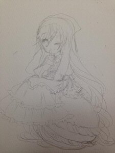 Rating: Safe Score: 0 Tags: 1girl dress finger_to_mouth frills full_body greyscale image long_hair long_sleeves looking_at_viewer monochrome monster_girl one_eye_closed sketch smile solo suiseiseki traditional_media very_long_hair User: admin
