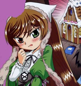 Rating: Safe Score: 0 Tags: 1girl blush braid brown_hair dress frills green_dress green_eyes image long_hair long_sleeves red_eyes ribbon solo suiseiseki twin_braids User: admin