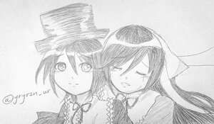 Rating: Safe Score: 0 Tags: 2girls closed_eyes greyscale hat image long_hair monochrome multiple_girls open_mouth pair smile souseiseki suiseiseki top_hat traditional_media twitter_username User: admin