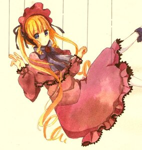 Rating: Safe Score: 0 Tags: 1girl blonde_hair blue_eyes bonnet bow capelet dress drill_hair flower frills image long_hair long_sleeves looking_at_viewer red_dress red_flower ribbon rose shinku sitting solo yellow_background User: admin